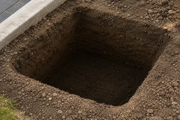 Ausgehobenes Fundamentloch für Sonnensegel Mast vor der Fundamenterstellung